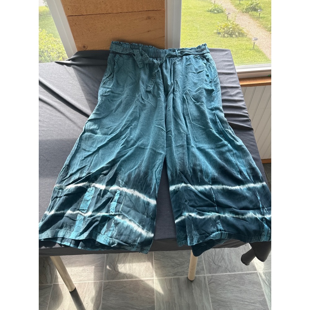 Womens Teal Blue Tie Dye Wide Leg Cropped Pants Paperbag Waist Culottes
